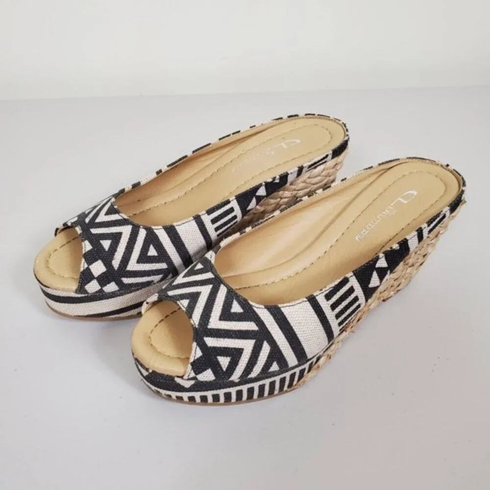 CL by Laundry Daysie Wedge Shoes Women 7.5 Black White Aztec Print Espadrille